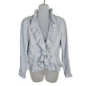 FEI Anthropologie Linen Jacket Blazer Size 8 Ruffle Lightweight Designer Coastal